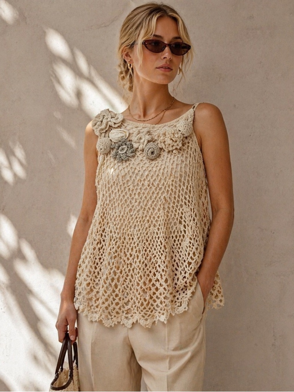 Handmade Crochet Tank Top Boho Lagenlook Floral Appliqué Open Knit Medium